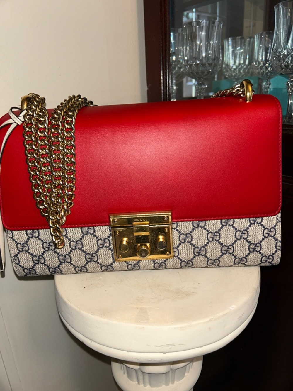Gucci Red Leather and GG Canvas Shoulder Bag with Gold Hardware